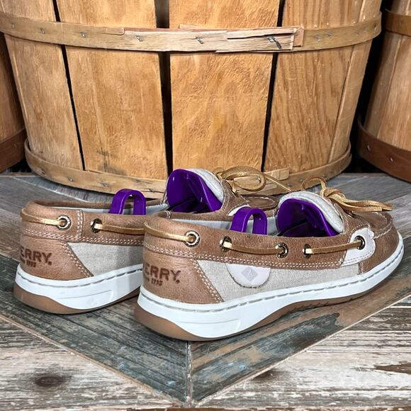 Sperry Angelfish Tan Gold Leather Canvas Boat Shoes Womens Size 5 - Picture 5 of 11